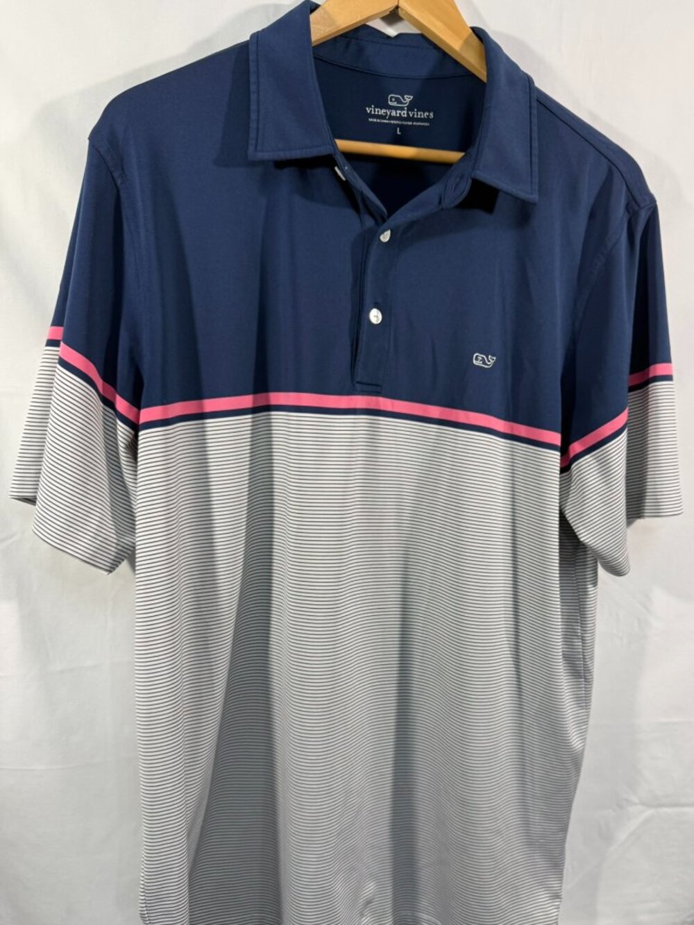 Vineyard Vines Performance Golf Polo Stripe Colorblock Navy Pink Large